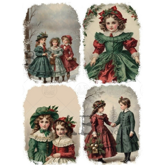 Set of vintage-style illustrations of children in formal attire with decorative elements.