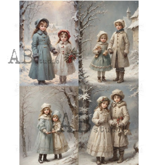 Four images of children in winter clothing in a snowy landscape.