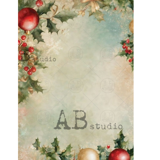 Decorative Christmas-themed border with red ornaments and holly leaves on a textured background.