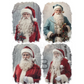 Four different images of a traditional Santa Claus character with varying outfits and poses.