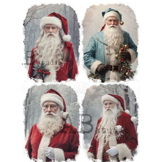 Four different images of a traditional Santa Claus character with varying outfits and poses.
