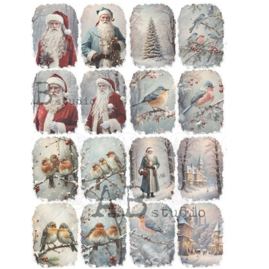 Collection of Christmas-themed tiles featuring Santa Claus, birds, and winter scenes.