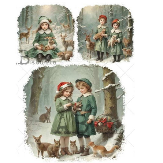 Collage of three vintage-style illustrations of children in a snowy forest with animals.