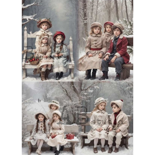Four vintage-style images of children in winter clothing sitting on a bench in a snowy landscape.