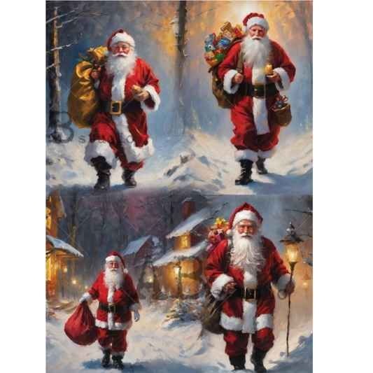 Four illustrations of Santa Claus in a snowy village and forest setting.