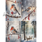 Four images of winter scenes with birds and deer, featuring a snowy forest and a bird on a branch with berries.