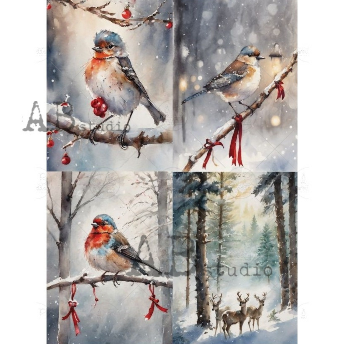 Four images of winter scenes with birds and deer, featuring a snowy forest and a bird on a branch with berries.