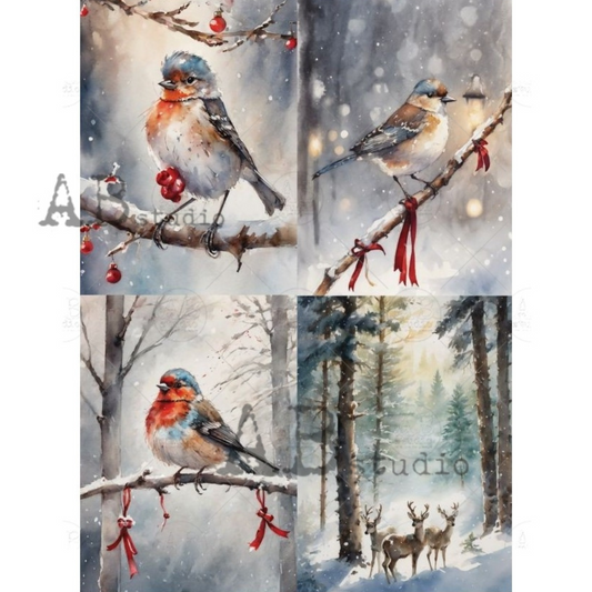 Four images of winter scenes with birds and deer, featuring a snowy forest and a bird on a branch with berries.