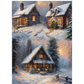 Painting of three snow-covered wooden cabins in a forest setting.