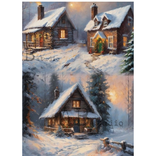 Painting of three snow-covered wooden cabins in a forest setting.