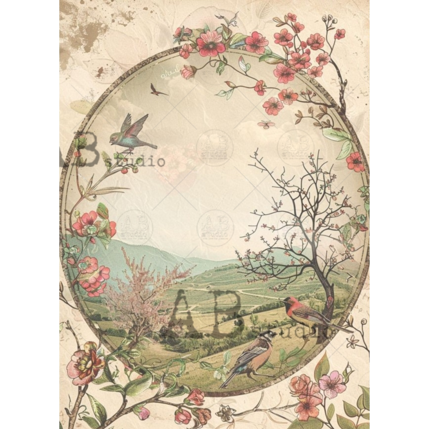 Decorative design with birds, flowers, and a landscape in a circular frame on a textured background.