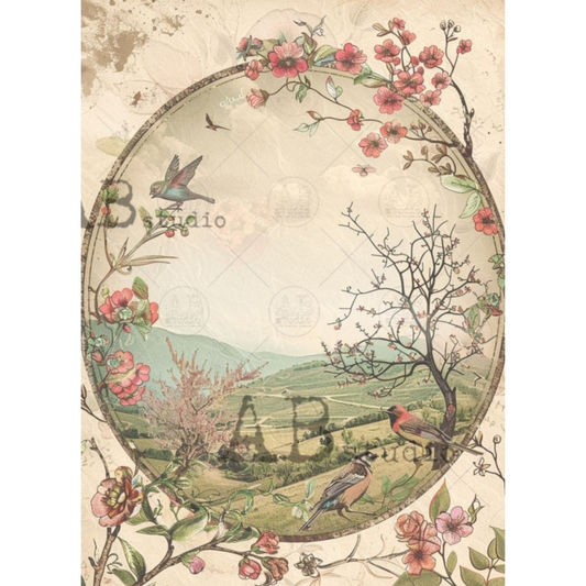 Decorative design with birds, flowers, and a landscape in a circular frame on a textured background.
