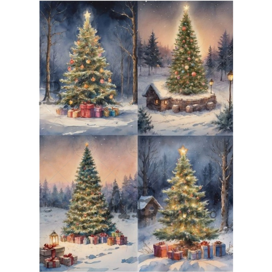 Collage of Christmas trees with presents in a snowy landscape