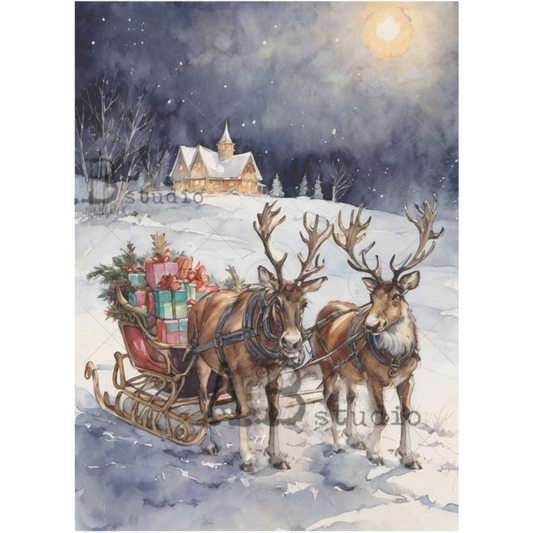 Two reindeer pulling a sleigh with presents through a snowy landscape at night.