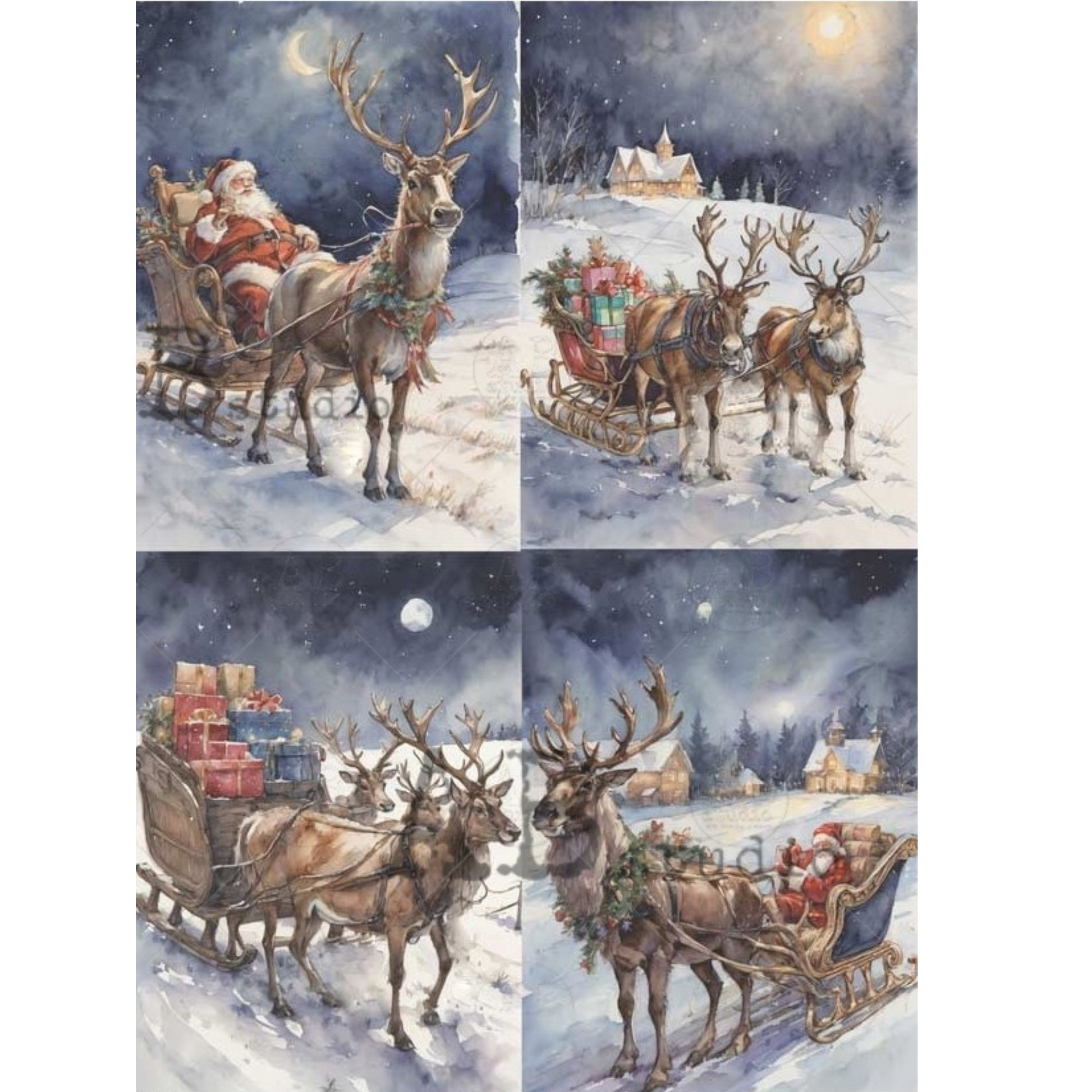 Four images of a sleigh with Santa Claus pulled by reindeer with Christmas presents against a snowy night sky.