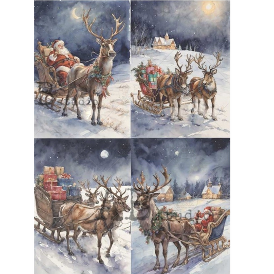 Four images of a sleigh with Santa Claus pulled by reindeer with Christmas presents against a snowy night sky.