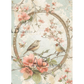 Decorative paper with oval floral frame and birds.