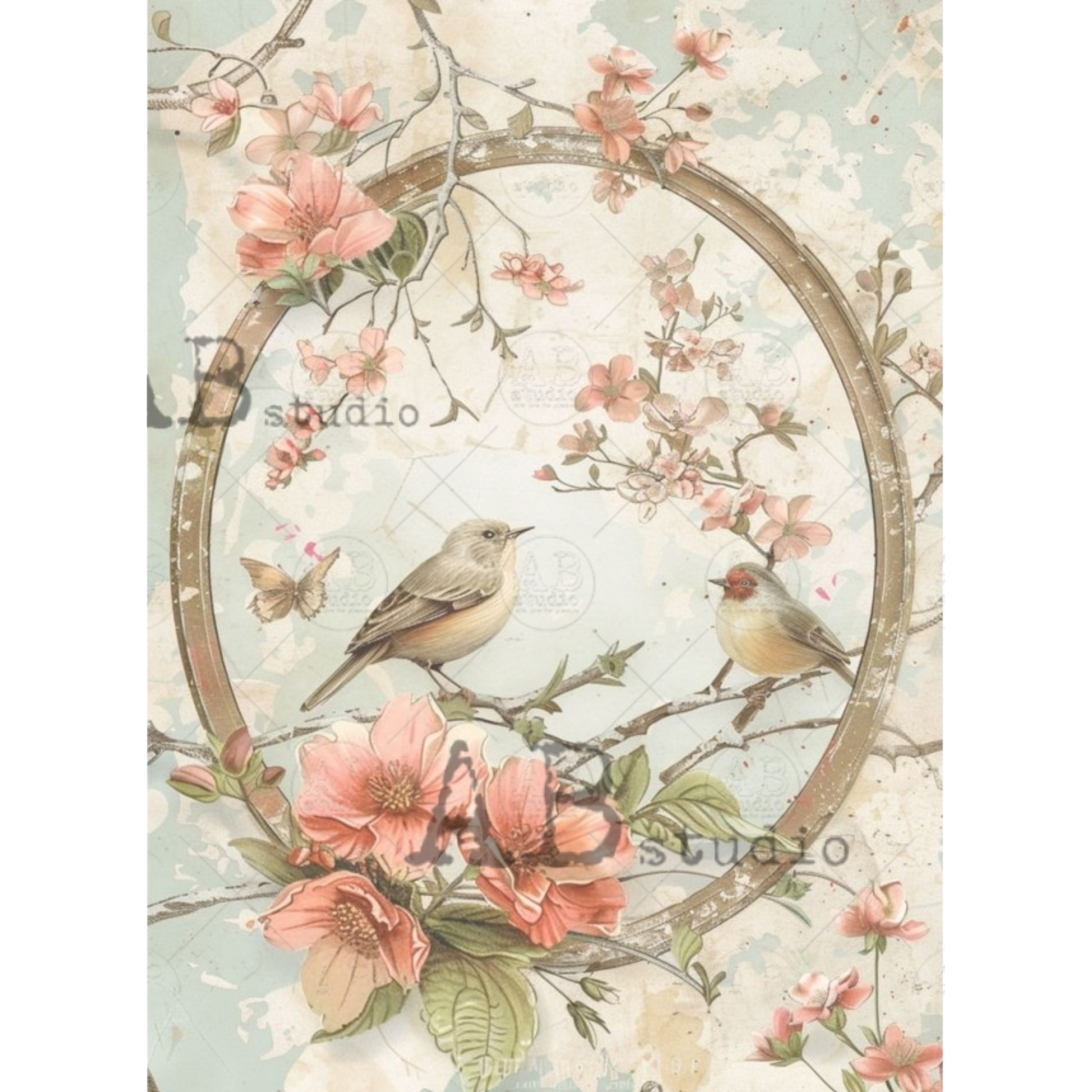 Decorative paper with oval floral frame and birds.