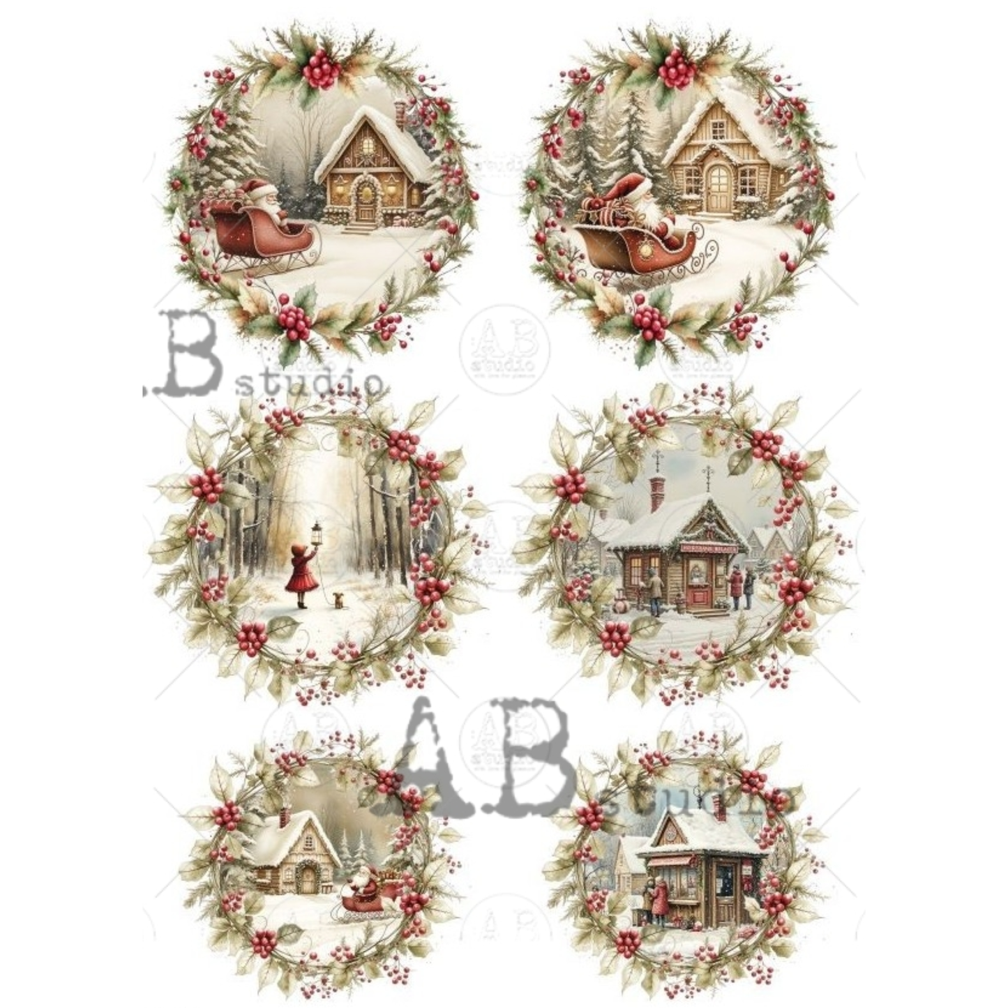Set of six circular Christmas-themed illustrations with cabins & wreaths.