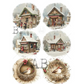 Set of six circular illustrations featuring snowy village scenes with houses and people, and two bird nests with birds inside.
