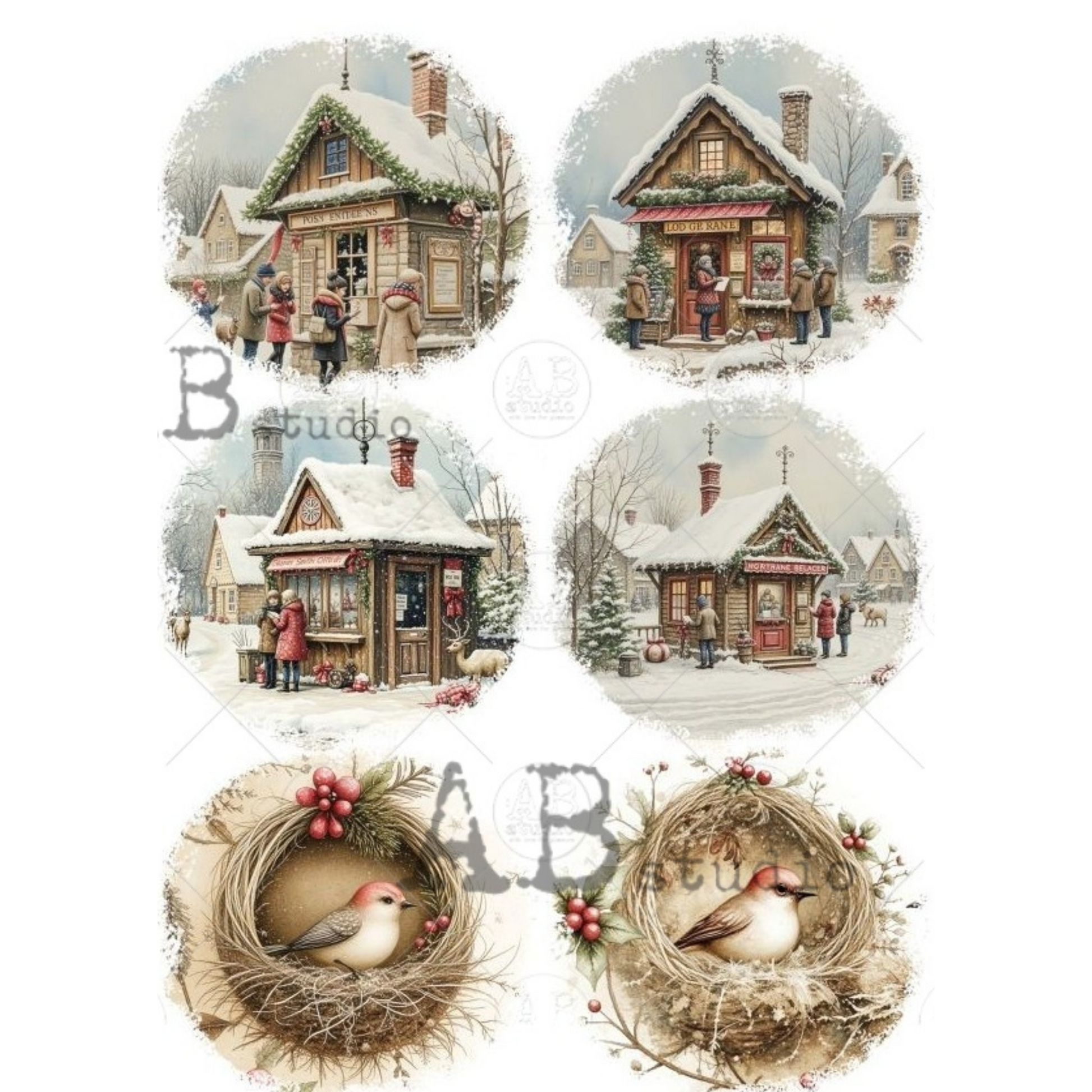 Set of six circular illustrations featuring snowy village scenes with houses and people, and two bird nests with birds inside.