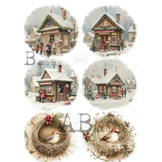 Set of six circular illustrations featuring snowy village scenes with houses and people, and two bird nests with birds inside.