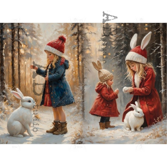 Two images of children in winter clothing interacting with rabbits in a snowy forest setting.