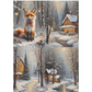 4 images of winter scenes with a fox, houses, and snow-covered trees.