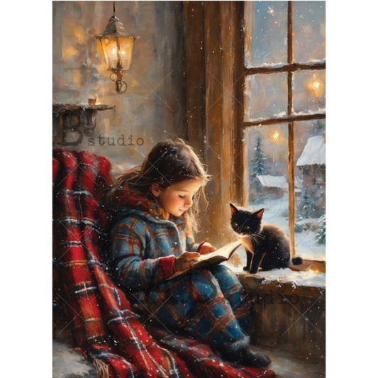 Painting of a child reading a book with a cat by a window on a snowy day.