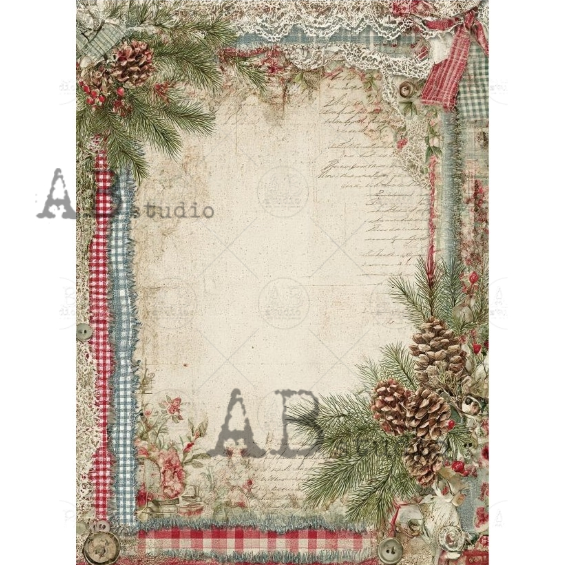 Decorative paper with Christmas elements, including pine cones and ribbons, on a textured background.