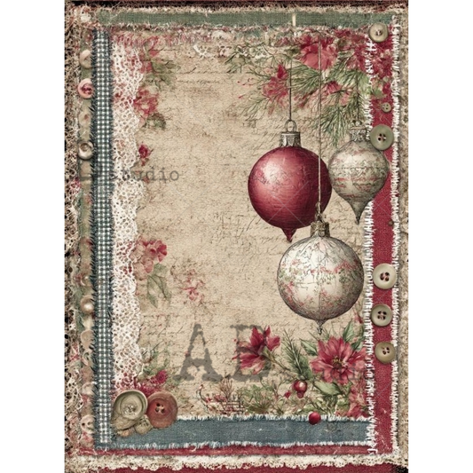 Decorative frame background paper with Christmas ornaments and buttons on a textured background.