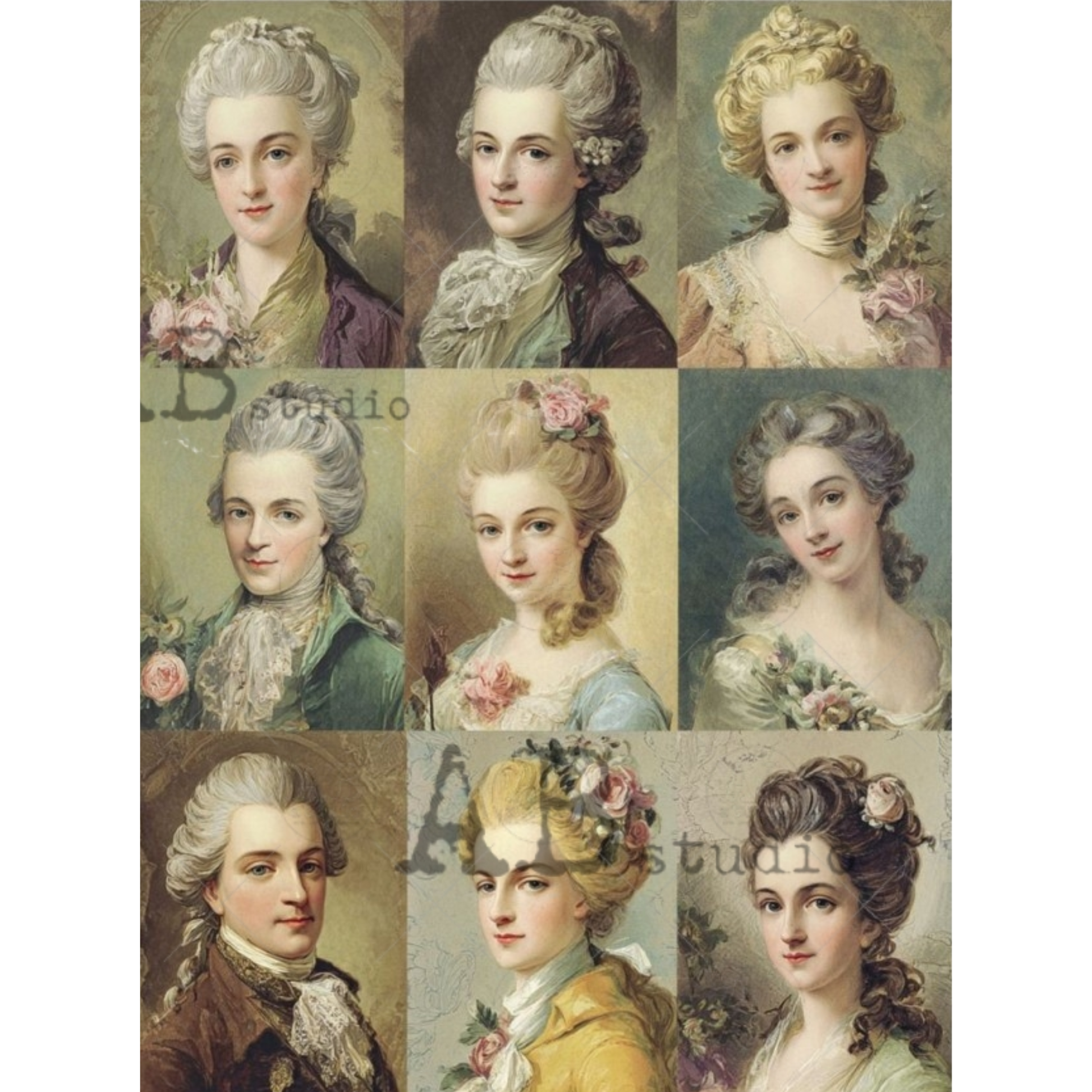 Collage of classical portraits of figures with styled hair and clothing in the style of 18th century French fashion.
