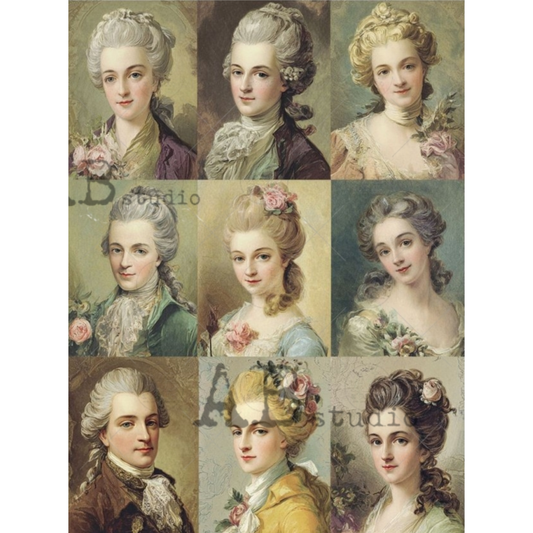 Collage of classical portraits of figures with styled hair and clothing in the style of 18th century French fashion.