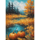 Image of a painting of an autumn landscape with pumpkins and trees.