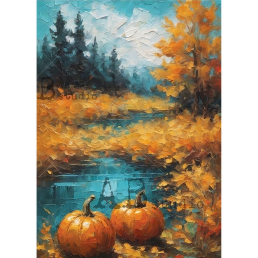 Image of a painting of an autumn landscape with pumpkins and trees.
