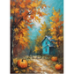 Image of a painting of a blue house surrounded by autumn trees and pumpkins.