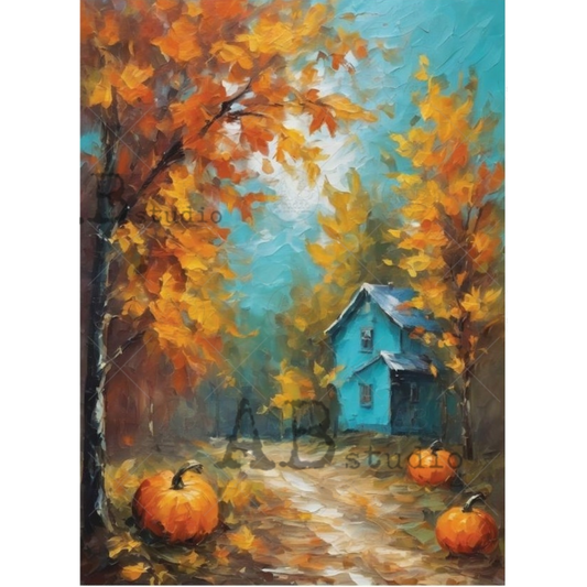 Image of a painting of a blue house surrounded by autumn trees and pumpkins.