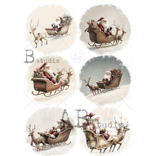 Set of six Christmas-themed designs featuring Santa Claus in a sleigh with reindeer.
