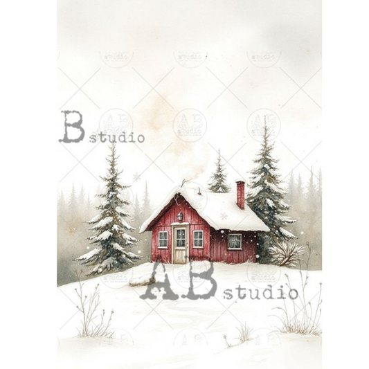 Red cabin in a snowy forest.