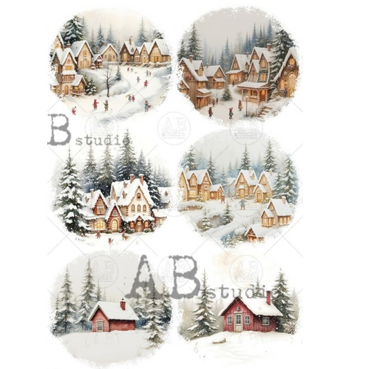 Set of round ornament images with winter village scenes featuring snow-covered houses and trees.