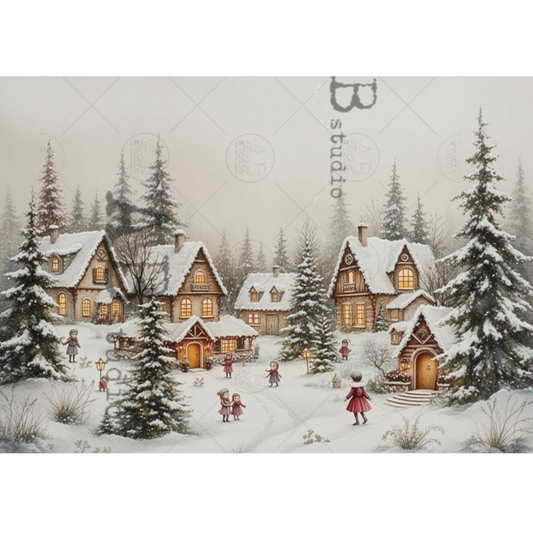Winter village scene with snow-covered houses and trees, featuring a child in a red coat.
