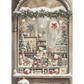Decorative window display with teddy bears, Christmas trees, and ornaments.