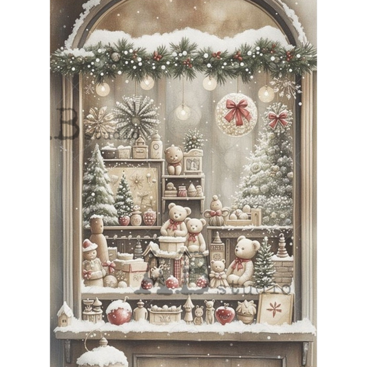 Decorative window display with teddy bears, Christmas trees, and ornaments.