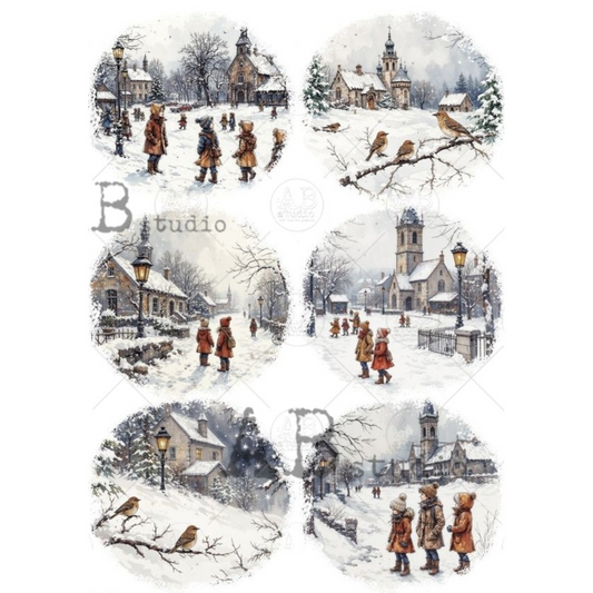 Collage of 6 winter scenes with children in coats and snow-covered landscapes.