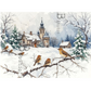 Winter scene with birds on branches and a snow-covered church in the background.