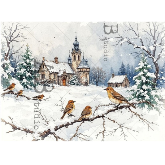 Winter scene with birds on branches and a snow-covered church in the background.
