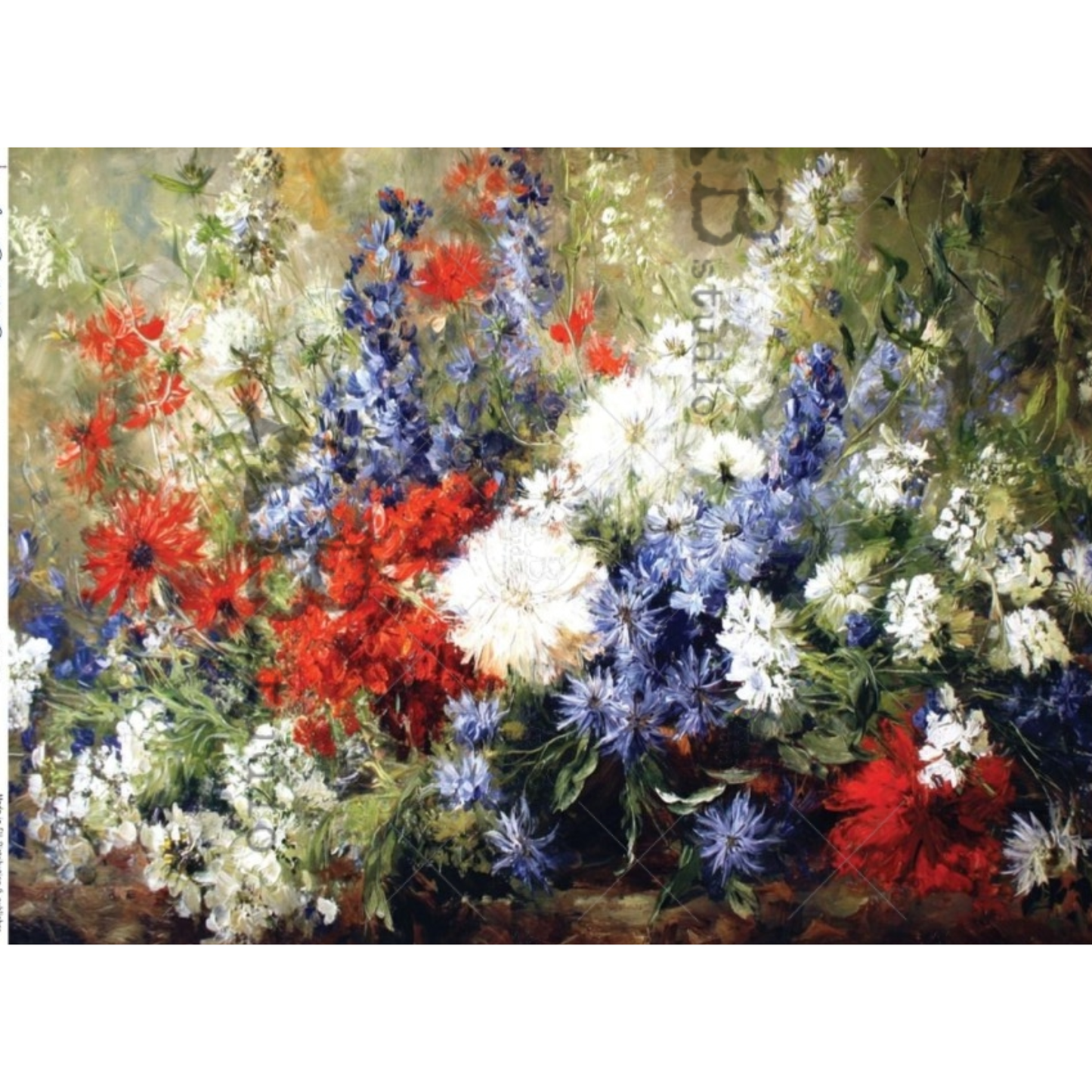 Painting of a vibrant bouquet of flowers with red, blue, and white colors.