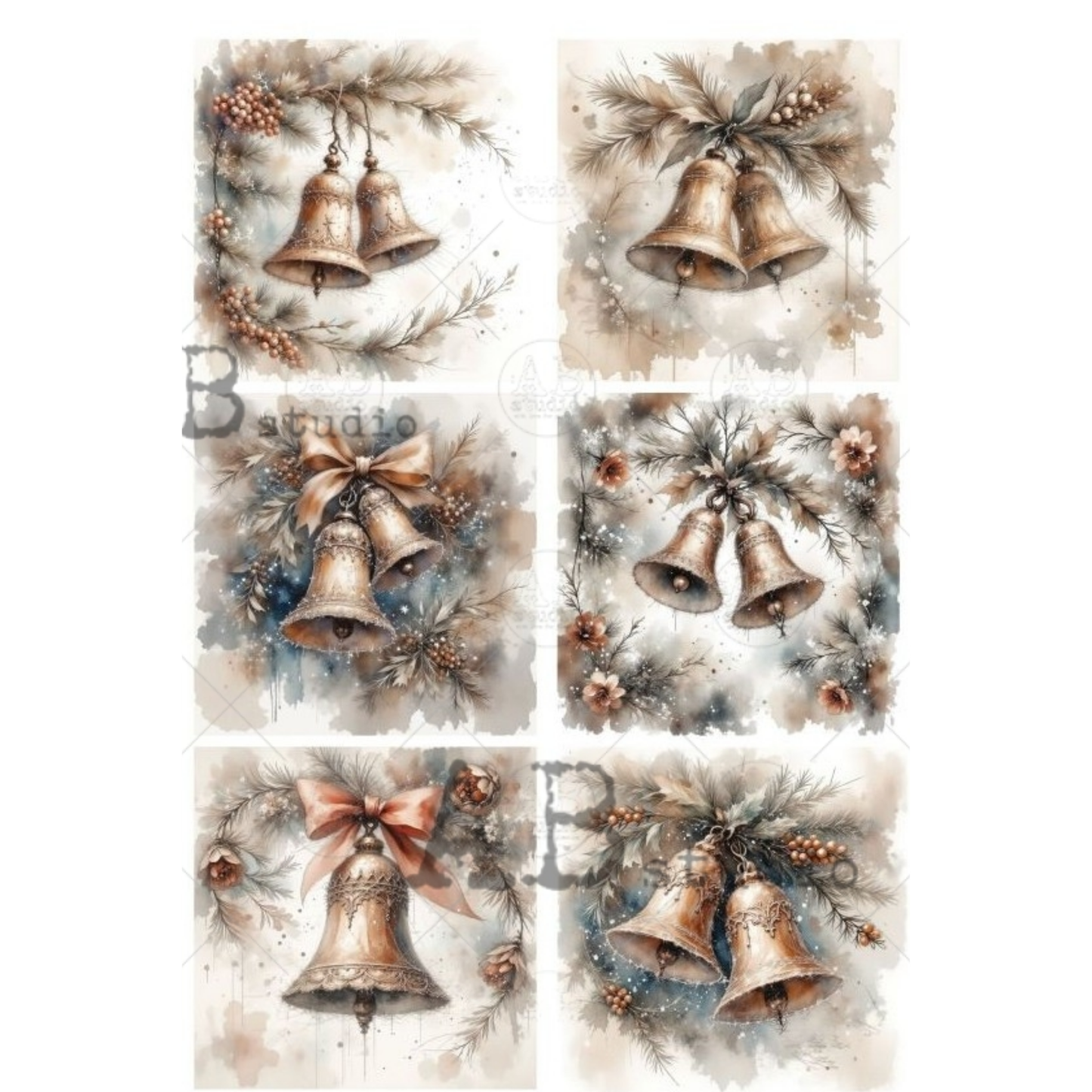 Six square Christmas-themed  designs featuring hanging bells, evergreen branches, pinecones, and bows in muted beige, brown, gray, and soft blue tones.