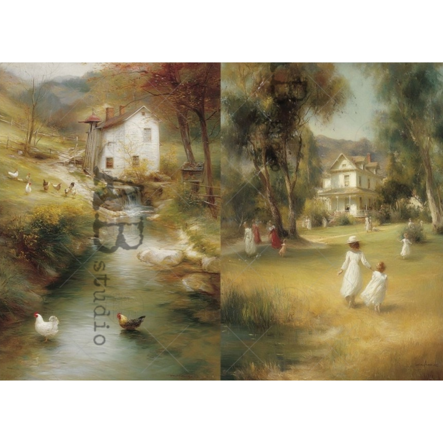 Two paintings side by side; one depicts a mill by a stream, the other shows children playing in a garden.