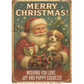 A vintage-style Christmas sign featuring Santa Claus holding a small puppy, with the text 'MERRY CHRISTMAS!' at the top and 'WISHING YOU LOVE, JOY AND PUPPY CUDDLES!' at the bottom. The sign has a distressed, weathered look with a brown border and a dark green background with stars and lights.